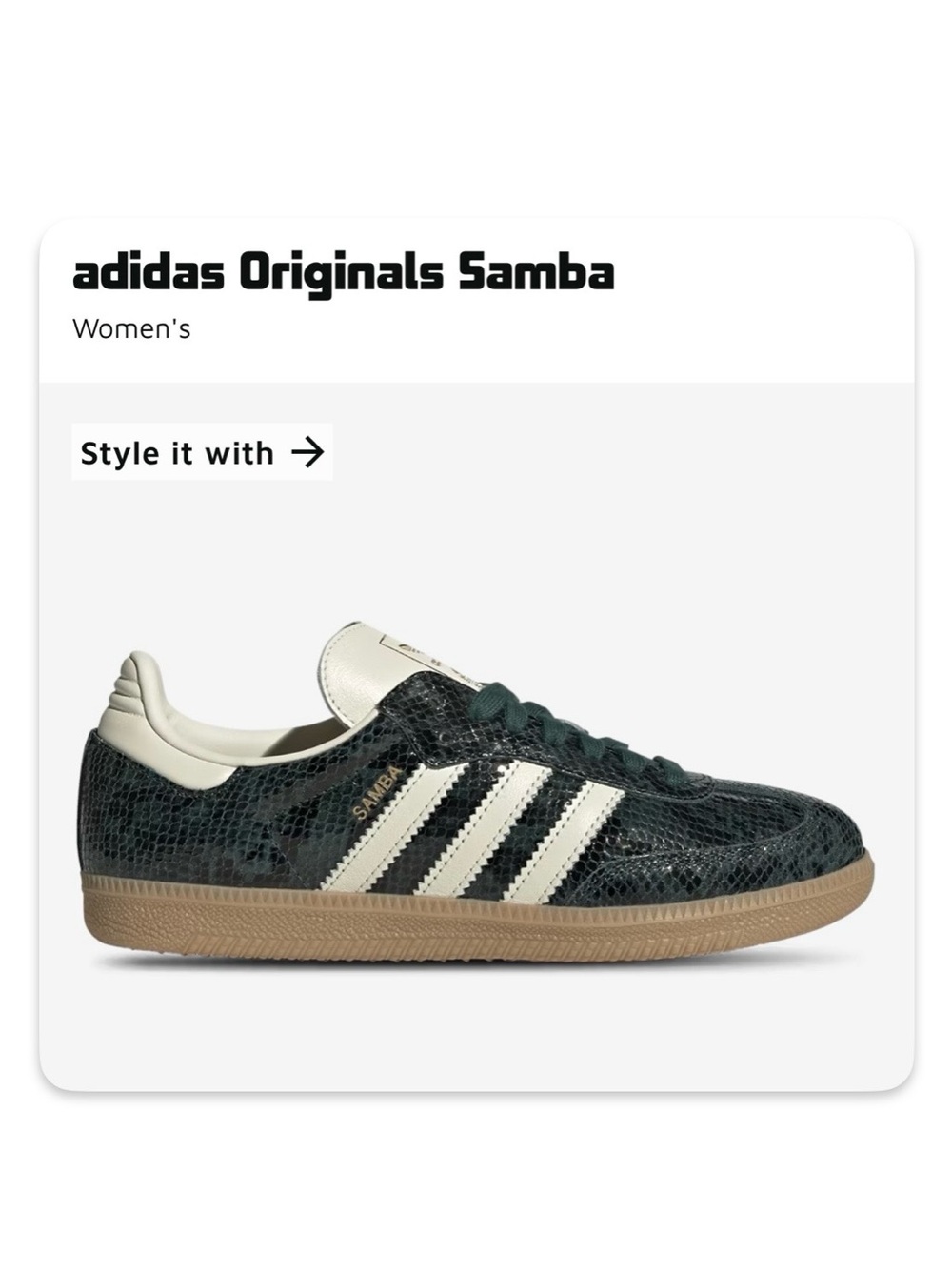adidas Originals Samba Women's Sneaker - Dark Green with Cream Crocodile